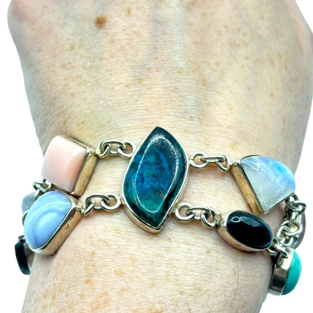 Sterling Silver 925 Multi-stone Bracelet 8-9in Southwestern Moonstone Turquoise